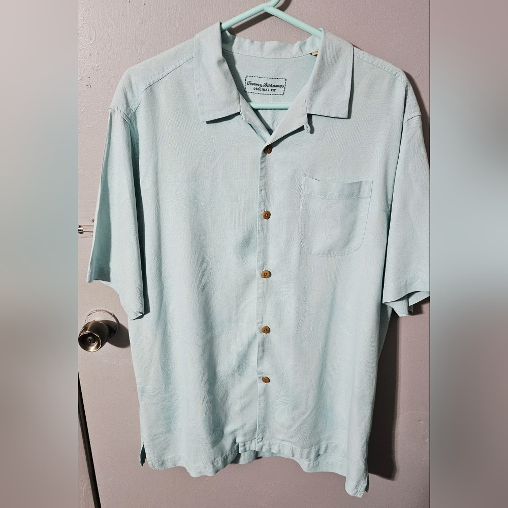 Mens Tommy Bahamas Del Palms embroidered 100% SILK camp shirt SS mint green LG
